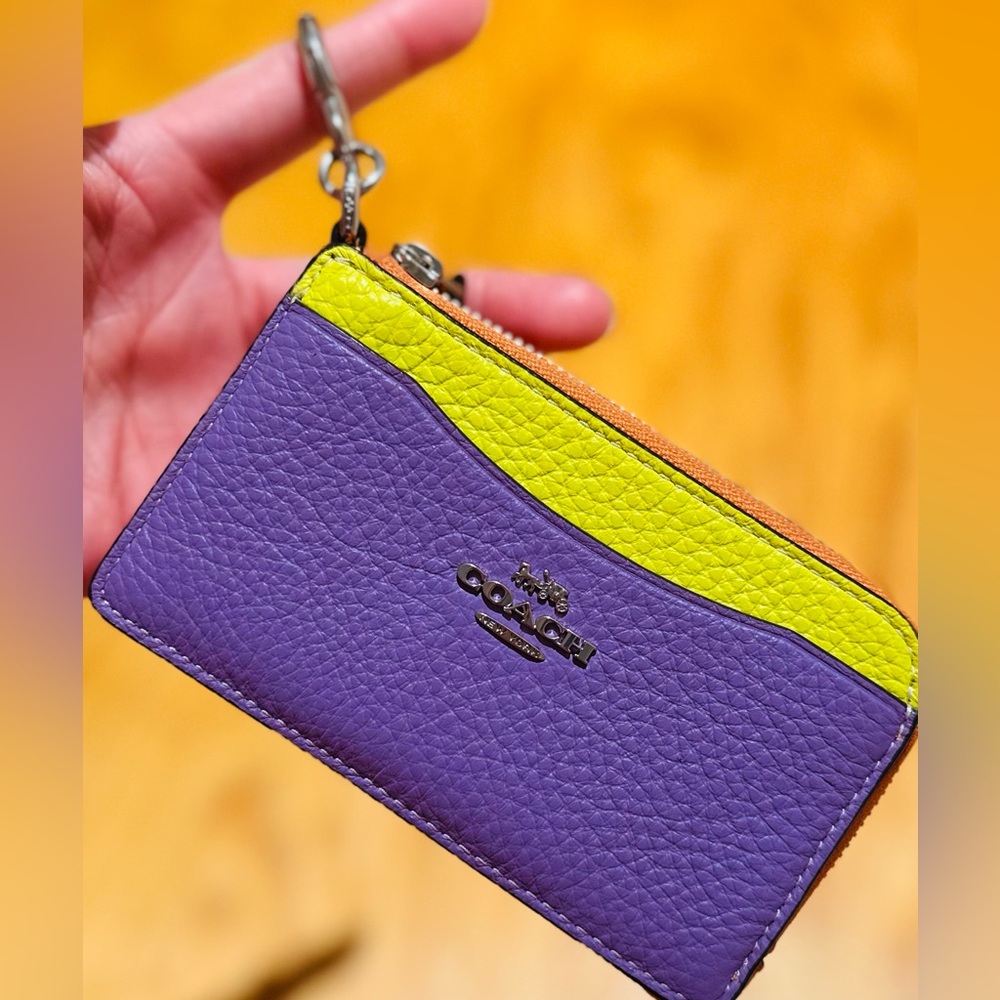Coach Leather Zip Card Case in Purple, Lime & Orange